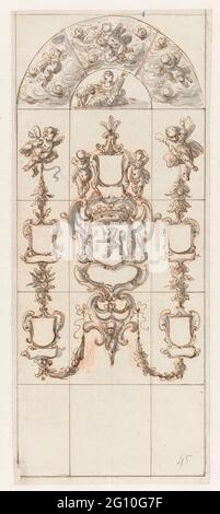 Design pour une fenêtre en verre avec des couches de bras et de putti vierges. Design pour une fenêtre en verre avec un manteau de bras au milieu avec un lion grimpant, flanqué de deux putti avec deux couches de bras vierges chacune. Au sommet d'une figure allégorique, représentant une femme avec un bouquet de flèches et un mouton entouré de putti. Banque D'Images