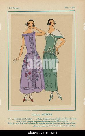 Paris, 1923, No 7: 12.- fleurs des champs. - 1. Peignoir d'Ordandi .... Dessins de Robert. Robe d'orgue violet, brodée de fleurs en laine, décorée de trois rangées de cordes différentes. 2. Robe de crêpe de Chine, brodée avec soie. La pélerine supérieure est en Georgette blanche. Imprimé du magazine de mode Très parisien (1920-1936). Banque D'Images