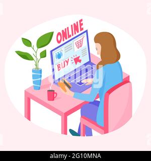 Achat en ligne concept, femme commande des marchandises sur l'Internet et payer par carte, shopping à la maison, illustration vectorielle Illustration de Vecteur