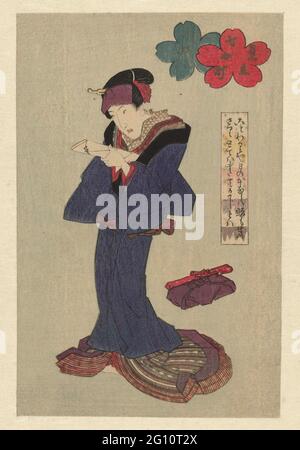 Prier pour la pluie; Amagoi; UNE parodie des sept komachi; Mitate Nana Komachi. Un acteur dans un rôle de femme (Onnagata) vêtu d'un kimono bleu. Avec un poème anonyme. Avec le 'even komachi' du titre, sept événements de la vie de la célèbre femelle plus proche ono No Komachi sont prévus. Cet imprimé fait référence au moment où Komachi s'est effondré au cours d'une période de sécheresse grave. Banque D'Images