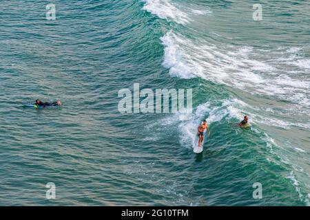 FRANCE. PYRÉNÉES-ATLANTIQUES (64) BIARRITZ, SURFEURS SUR LA PLAGE DE LA CÔTE DES BASQUES Banque D'Images