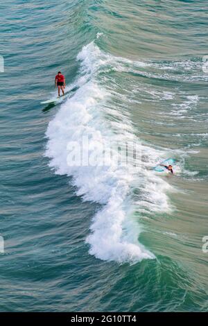 FRANCE. PYRÉNÉES-ATLANTIQUES (64) BIARRITZ, SURFEURS SUR LA PLAGE DE LA CÔTE DES BASQUES Banque D'Images