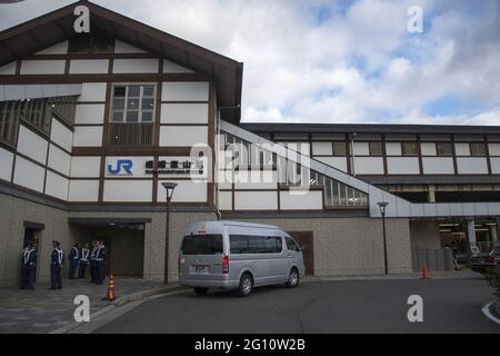 KYOTO, JAPON - 18 décembre 2019 : Kyoto, Japon - 27 novembre 2019 : gare Saga Arashiyama à Kyoto, Japon. Banque D'Images