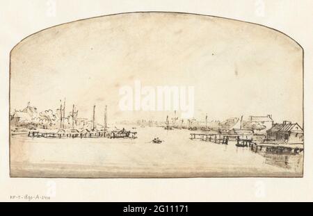 La rivière Amstel vue de Blauwbrug. Ce qui rend ce paysage inhabituel, c'est le parchemin coûteux sur lequel Rembrandt a représenté la scène. Il dépeint la vue sur l'Amstel en regardant vers le sud depuis le milieu du pont. Au loin, vers l'horizon, il a atteint l'effet mince et atmosphérique en montrant les formes avec les plus minces de lignes et en rendant l'ombre avec seulement le plus léger des coups de pinceau. Banque D'Images