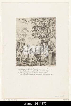 Allégorie sur la naissance de Willem II, 1626. Allégorie à la naissance de Willem II, le 27 mai 1626. Frederik Hendrik et Amalia van Solms se tenant de part et d'autre d'un arbre orange au pied duquel le jeune prince est fondle. Un fermier joue sur le cornemuse et les cadeaux d'un fermier. Dans l'arbre de Mercurius. Sous l'impression, un verset de quatre lignes. Banque D'Images