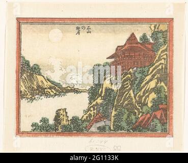 Lune d'automne à Ishiyama; Ishiyama no Shugetsu; gravé huit visages sur la province d'Omi; Doban Omi Hakkei. Paysage de montagne avec pleine lune; UN temple dans les montagnes au premier plan. Banque D'Images