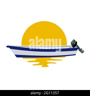 Bateau à moteur sur fond de soleil jaune avec des reflets dans l'eau de mer détendre méditation concept vecteur illustartion Illustration de Vecteur