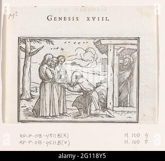 Abraham et les trois anges. Abraham accueille les trois anges pour sa maison. Contrairement à la tradition de l'image, ils ne sont pas reconnaissables ici à leurs ailes. Dans la marge au-dessus de l'image est le texte: Genèse XVIII Banque D'Images