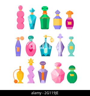 Ensemble de bouteilles de parfum, différentes bouteilles de parfum avec des sparkles de style plat, collection d'eaux parfumées, illustration vectorielle isolée sur blanc Illustration de Vecteur