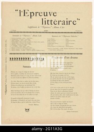 Magazine l'Epreuve. Le magazine l'Epreuve est paru mensuellement à partir du 1894 décembre 1895 et a prêté attention à l'art et à la littérature. A partir de mars 1895, l'album avec dix tirages originaux d'artistes célèbres est apparu comme une pièce jointe lâche, qui est appelée sur la page de couverture. Dans cette huitième édition de juillet 1895, il y a différents poèmes, librairies et publicités. Sur la page d'accueil se trouve une liste de dix james artificiels plus une édition supplémentaire pour l'édition de luxe. Banque D'Images