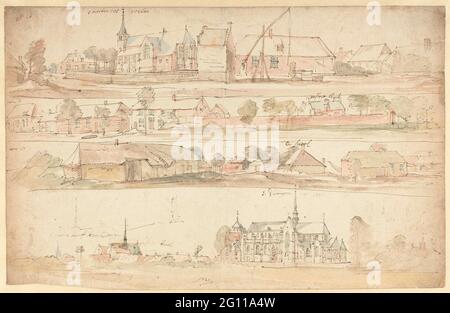 Quatre visages sur Olen et Geel en Flandre. Feuille d'esquisse avec quatre faces sur Olen et Geel en Flandre. Les trois bandes supérieures forment un tout et montrent un panorama de la place du village d'Olen, la bande inférieure est une vue panoramique de la ville jaune, avec le Sint-Dimphnawerk et la tour des liens Sint-Amandskerk en arrière-plan. Banque D'Images