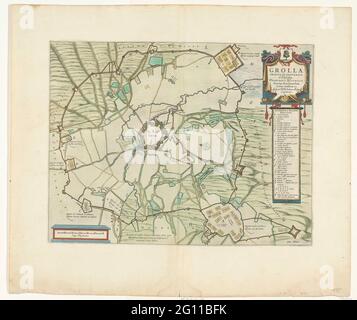 Siège de Grol, 1627; Grolla Obsessa et Expuga AB Illustrissimo Friderico Henrico; 't Zied van Grol. Carte du siège de Groenlo, 1627. Centre de la ville de Groenlo, autour de lui les quartiers des troupes de scellement. En haut à droite une cartouche avec le titre et la légende A-O et 1-18 en latin. Inscriptions dans les représentations en français et néerlandais. Pris sur un double magazine du livre de villes de Blaeu, imprimé au dos avec texte en néerlandais. Banque D'Images