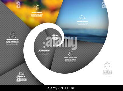 Modèle de chronologie de l'infographie Evolution avec modèle en spirale, espace réservé aux photos, icônes et texte. Tableau d'information de sept blocs de photos avec descriptions. Pho Illustration de Vecteur