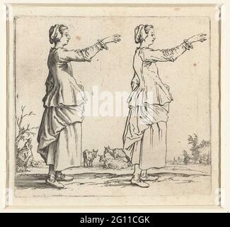Deux fois la même armée de fermier avec le bras levé, vu à droite; varie figure di Jacopo Callot; diverses figures. Un fermier, le bras droit dans un geste pointu levé, vu sur la droite, deux fois photographié: Droite comme une figure de ligne, gauche plus élaboré avec des ombres. Deux figures et trois vaches en arrière-plan. Cet imprimé fait partie d'une série de 16 tirages (15 selon Lieure ; 17 ou 16 incl Titre imprimé) avec des hommes et des femmes dans diverses attitudes. Ces tirages peuvent avoir été conçus comme des exemples de dessin. Banque D'Images