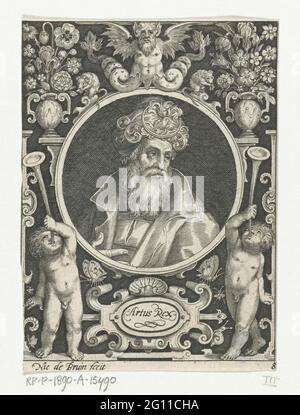 Portrait de Judas de Makkabeër en médaillon à l'intérieur d'un cadre rectangulaire avec ornements; Judas Machababeaus; les neuf meilleurs. Portrait de Judas de Makkabeet avec casque, épée et barbe en médaillon à l'intérieur d'un cadre rectangulaire avec différents animaux tels qu'un lion, la dinde et le coq comme ornements avec des cornes d'abondance. Banque D'Images