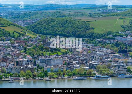 Ville historique de Bingen vue depuis le Monument Niederwald à Rüdesheim, vallée du Rhin, confluence du Rhin et de la Nahe RiverRhénanie-Palatinat, Allemagne Banque D'Images