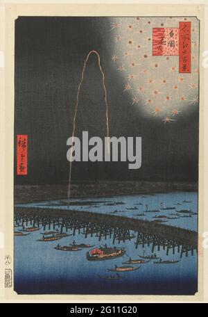 Feux d'artifice au pont de Ryogoku; Ryogoku Hanabi; cent visages célèbres sur Edo; Meisho Edo Hyakkei. Vue sur le pont de Ryogoku au-dessus de la rivière Sumida, lors d'un festival nocturne avec feux d'artifice. Spectateurs sur le pont et dans les bateaux éclairés. Banque D'Images