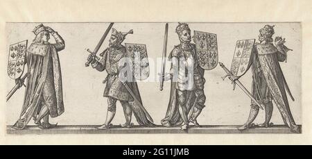 Les rois Richard II, Henry IV, Hendrik V et Henry VI; les rois et les reines d'Angleterre. Quatre hommes avec une blason et une épée. En arrière-plan un paysage vaguement. Cet imprimé fait partie d'une série de cadres en huit langues de rois et de reines d'Angleterre (page de titre non numérotée et sept imprimés numérotés de deux à quatre chiffres). Banque D'Images