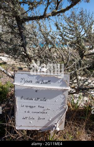 Handgeschriebene Informationstafel auf Insel Budelli, Maddalena Archipel, Sardinien, Italien, Europa Banque D'Images