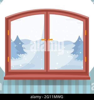 Neige hiver vue extérieure dans une fenêtre en bois, paysage d'hiver avec des épinettes à travers la fenêtre, maison de campagne ou chalet dans la nature, vecteur illustrati Illustration de Vecteur