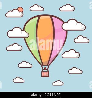 Joli ballon d'air avec contour dans le ciel avec nuages, illustration pour enfants. Art vectoriel Illustration de Vecteur