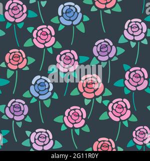 Motif sans couture avec roses sur fond sombre, fleurs stylisées simples et agréables, papier peint vectoriel, illustration Illustration de Vecteur
