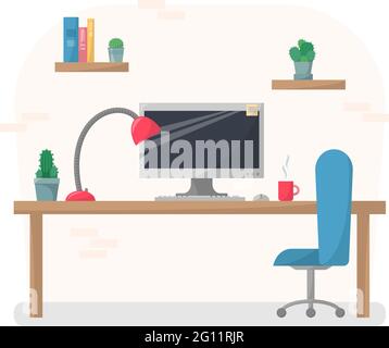 Illustration de l'espace de travail de style plat, ordinateur sur table de travail avec chaise, lampe, mug, étagères avec livres et cactus, concept d'intérieur d'armoire Illustration de Vecteur