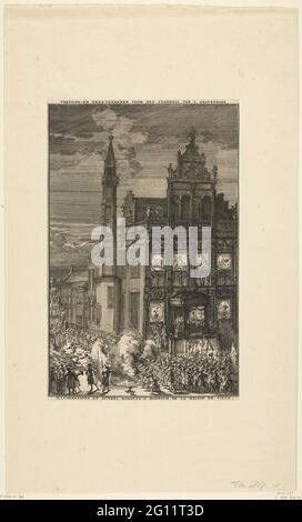 Signes de joie pour l'hôtel de ville de la Haye, 1691. Par l'hôtel de ville, à l'occasion de l'arrivée de Willem III à la Haye, le 5 février 1691. Scène de soirée avec liens un stellage avec des torches brûlantes, en premier plan Spruce soldats Saluute coups de feu gade par les visiteurs sur les escaliers de l'hôtel de ville. Sur la façade de l'hôtel de ville illuminé des portraits de Willem et Maria et des emblèmes. Banque D'Images