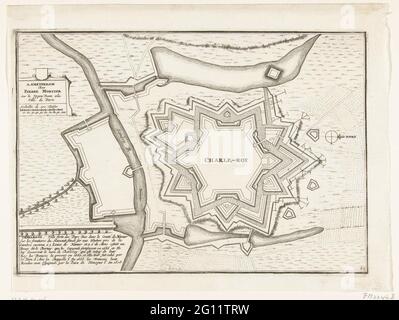 Carte de la nouvelle forteresse de Charleroi, 1666. Plan d'étage de la nouvelle forteresse de Charleroi pour laquelle la première pierre a été posée par Landvoogd Francisco de Castel Rodrigo le 3 septembre 1666. En bas à gauche d'une description en français avec l'histoire du fort de 1666 à 1678 . Banque D'Images