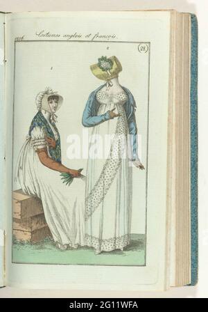 Journal des Ladies et des modes, édition Francfort 7 juillet 1806, costumes Anglois et François (28). Selon le texte d'accompagnement (p. 45): FIG. 1: Chapeau avec l'arrière du côté, noué comme le cornet. Fichu latéral. JAP de mousseline blanche à manches courtes. (Longs) gants en cuir. Chaussures vertes. FIGURE 2: La mode anglaise: Bonnet 'à la Chaumière', rempli de micoups. Short jap de mousseline blanche avec une drapery qui va obliquement de la taille au bord inférieur. Rideaux et bordure inférieure décorés avec de riches côtés brodés. Spencer de soie bleue. L'imprimé fait partie du magazine de mode Journa Banque D'Images