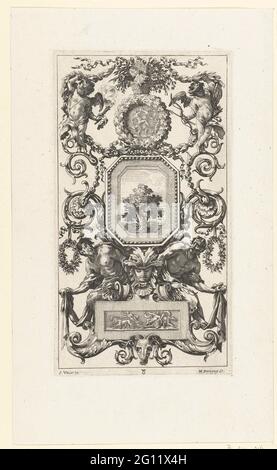 Panneau mural avec deux mangeurs sous table octogonale ; Livre de Diverses Grotesques, Peintes dans le Cabinet de la Reine région, au Palais Royal. Liste d'un paysage, prenant en charge un masque. Banque D'Images