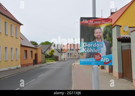 Elsnigk, Allemagne. 03ème juin 2021. Gordon Koehler sur l'affiche de campagne pré-électorale de l'AfD à Elsnigk, Allemagne, le 3 juin 2021. Credit: Ales Zapotocky/CTK photo/Alamy Live News Banque D'Images