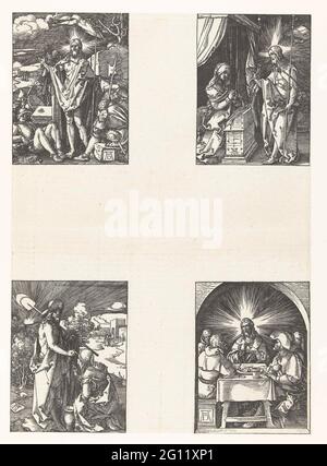 Résurrection, Christ apparaît à sa mère, Christ apparaît à Marie Magdalene, Christ à Emmaüs, la petite passion. La huitième série de quatre scènes de la série des prots 'de Kleine Passie', ici encore échoué avec 4 images sur 1 feuille. En haut à gauche : Christ debout à côté de sa tombe, entouré de soldats dormantants. En haut à droite: Christ saluait sa mère Maria, qui savait pour un orateur de personne. En bas à gauche : Christ, habillé comme un jardinier, saluant Maria Magdalena. En bas à droite : Christ brise le pain à la table avec quatre hommes à Emmaüs. Banque D'Images