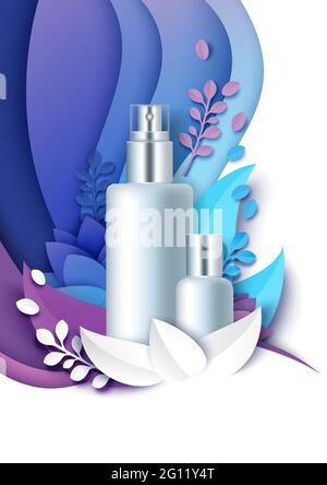 Maquette de bouteille cosmétique, fond floral coupé en papier, illustration vectorielle. Modèle d'annonces de produits de beauté et de soins de la peau. Illustration de Vecteur
