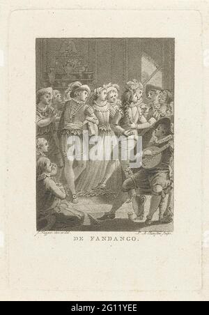 Compagnie de danse; le Fandango. Un groupe de danseurs danse le Fandango, une danse populaire du XVIIIe siècle en Espagne. Un homme joue sur un luth. Banque D'Images