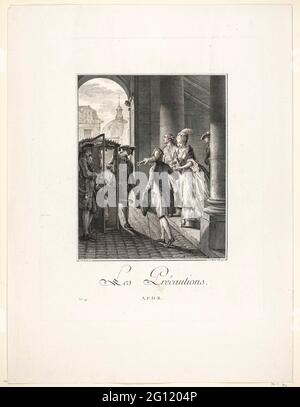 Précautions. La Céphise enceinte élégamment habillée descend soigneusement les escaliers d'une maison. Elle porte une robe avec Engagantes qui est une petite gaine d'épaule. Un Seigneur atteint sa main pour entrer dans une berline à pied ouvert. Les hommes portent une « habitude à la française » avec des jarrettes et des poignets froissés. La queue des cheveux (la perruque ?) Dans un sac à cheveux avec un noeud; Thief stab comme un chapeau. Le mince bâton de marche a remplacé le gala degen. No 1 (14) de la série deuxième suite d'Etampes, pour servir à l'Histoire des modes et du Costume et la France, dans laquelle la vie de Céphise, une jeune dame 'du bon ton' et le Fren Banque D'Images