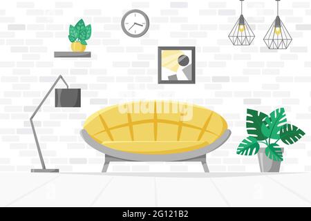 Salon de style plat, illustration maison avec canapé, lampe, plantes de maison en pots, concept intérieur moderne, illustration vectorielle Illustration de Vecteur