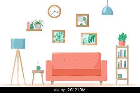 Salon de style plat, illustration maison avec canapé, lampe, plantes de maison en pots, livres sur étagères, art vectoriel Illustration de Vecteur