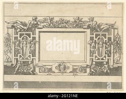 Cartouche rectangulaire avec un herme de chaque côté; plafonds et cartouts dans un cadre avec grotte, guirlande et mascarons; petite douche à charrette à l'exemple à Fontainebleau. Au sommet, deux hommes soufflent sur des trompettes. Les putti s'appuient contre les trompettes. À partir d'une série de 32 feuilles. Les cartouris sont en partie dérivés des gravures d'Antonio Fantuzzi à la décoration de la galerie François par Giovanni Battista Rosso. La série est également connue sous le titre petits cartouche le Fontainebleau. Banque D'Images