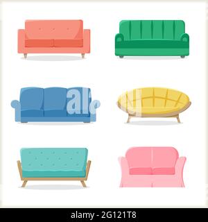 Canapés différents, collection de canapés, mobilier coloré en style plat, illustration vectorielle Illustration de Vecteur
