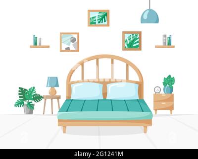 Chambre à coucher dans le style plat, illustration de la maison avec lit, lampes, plantes de maison dans des pots, livres sur des étagères, horloge, illustration de vecteur maison douce Illustration de Vecteur