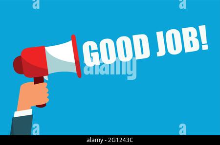 Main mâle tenant le mégaphone avec une bonne bulle de la parole de travail. Haut-parleur. Bannière pour les entreprises, le marketing Illustration de Vecteur