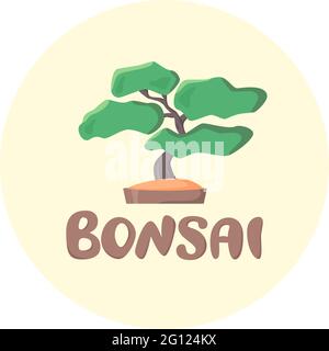 Illustration et lettrage Bonsai de style plat, petit arbre en pot, icône vectorielle ou concept de logo Illustration de Vecteur