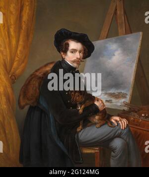 Autoportrait. Autoportrait du peintre Louis Meijer. Assis derrière l'âne, avec un chien sur vos genoux. Un béret noir sur la tête. Sur l'âne est une peinture avec un paysage marin. Sur la droite à une table la boîte de peinture avec la palette et les pinceaux. Banque D'Images