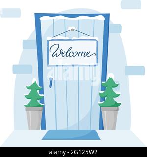 Porte d'entrée avec panneau de bienvenue en hiver, porte avec arbres de noël dans des pots dans la neige, plaque d'entrée, lettrage vectoriel et illustration dans le style plat, s Illustration de Vecteur