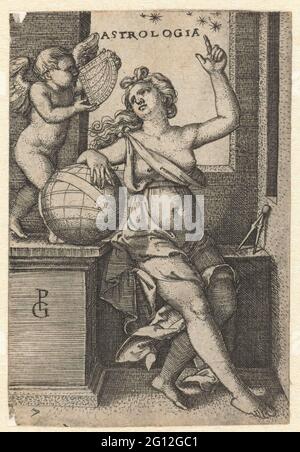 Astronomie; Astrologia; sept arts libéraux assis femme comme la personnification de l'astronomie (astronome), son bras repose sur un globe de ciel et avec son autre main elle pointe vers les étoiles dans le ciel. Il y a un passant à côté d'elle. Un puto regarde les étoiles avec un sextant. Banque D'Images