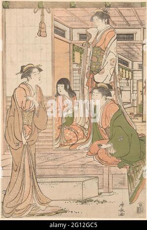 Yoshitsune une sérénade apportant à Joruri Hime .. Joruri hime debout, dans la porte, avec la main devant la bouche, accompagné de la ceinture de rof, assis sur le porche et la femme de ménage avec le plateau dans les mains, regardant la dame pointant. Banque D'Images