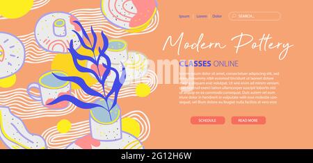 Bannière poterie moderne, modèle de site Web, page Web, page d'arrivée.Conception de site Web et de site mobile.École de poterie, cours de céramique, cours de maître Illustration de Vecteur