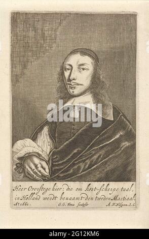 Portrait de Cornelis van Overstege. Portrait du poète Dortse Cornelis van Overstege. Il est représenté en amour avec le harnais, le col blanc plat et un manteau. Sous le portrait un verset hollandais de deux lignes. Banque D'Images