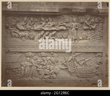 Bas Reliof dans le mur nord du Borobudur; Ditto 2nd Go. Histoires de jeunes de Siddhartha à Lalitavistara et Avadana. Banque D'Images